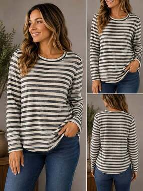 American Eagle Soft & Sexy Plush Long Sleeve Striped Crew Neck Top